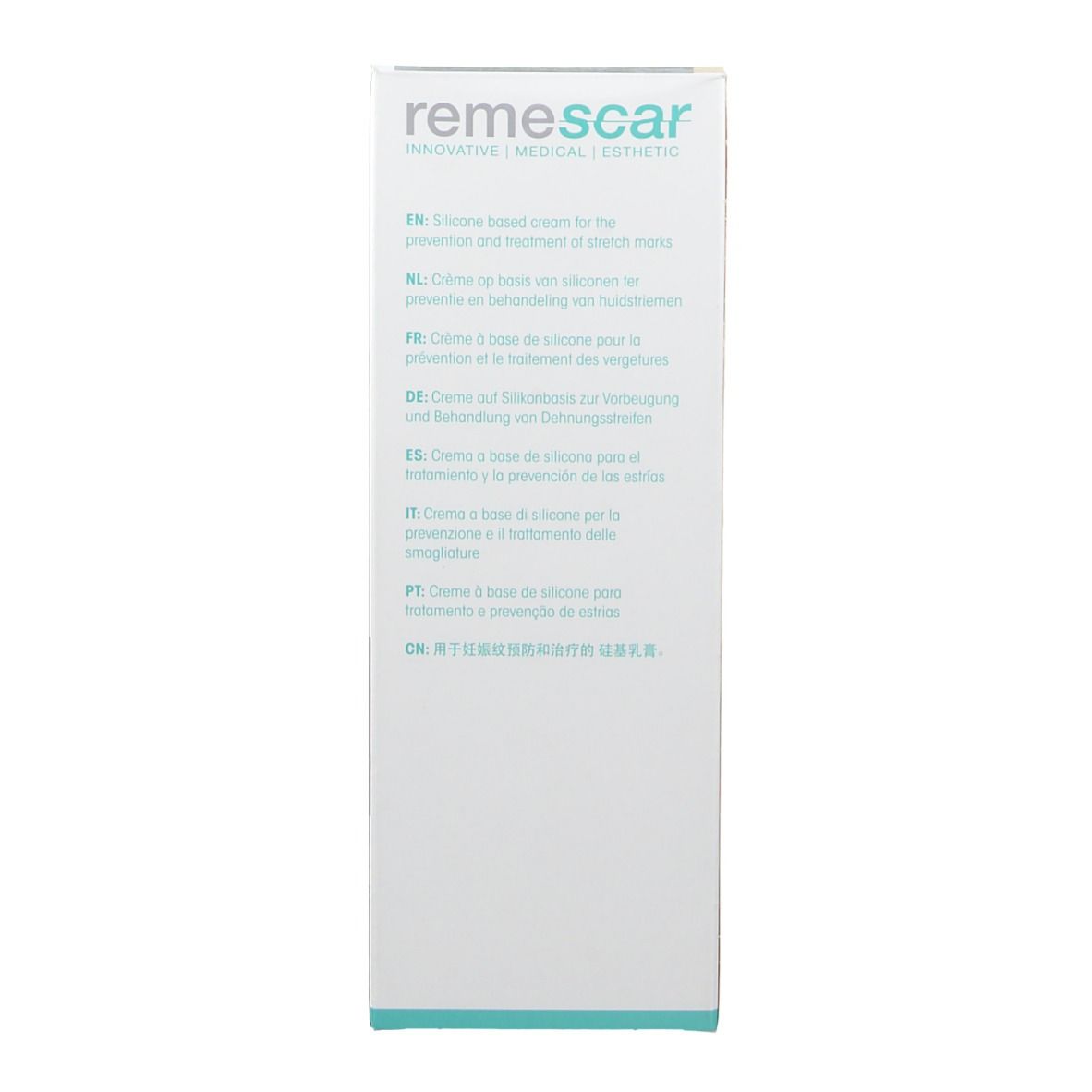 Productverpakking. Meertalige tekst: crème voor preventie en behandeling van striae.