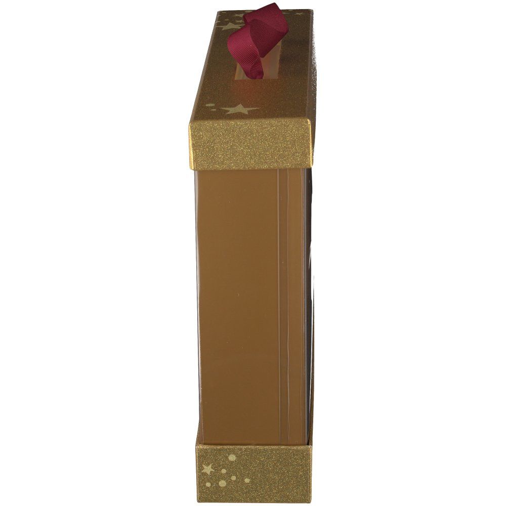 Coffret cadeau doré avec motifs étoiles, poignée rouge. Vue latérale. Face avant transparente en plastique.