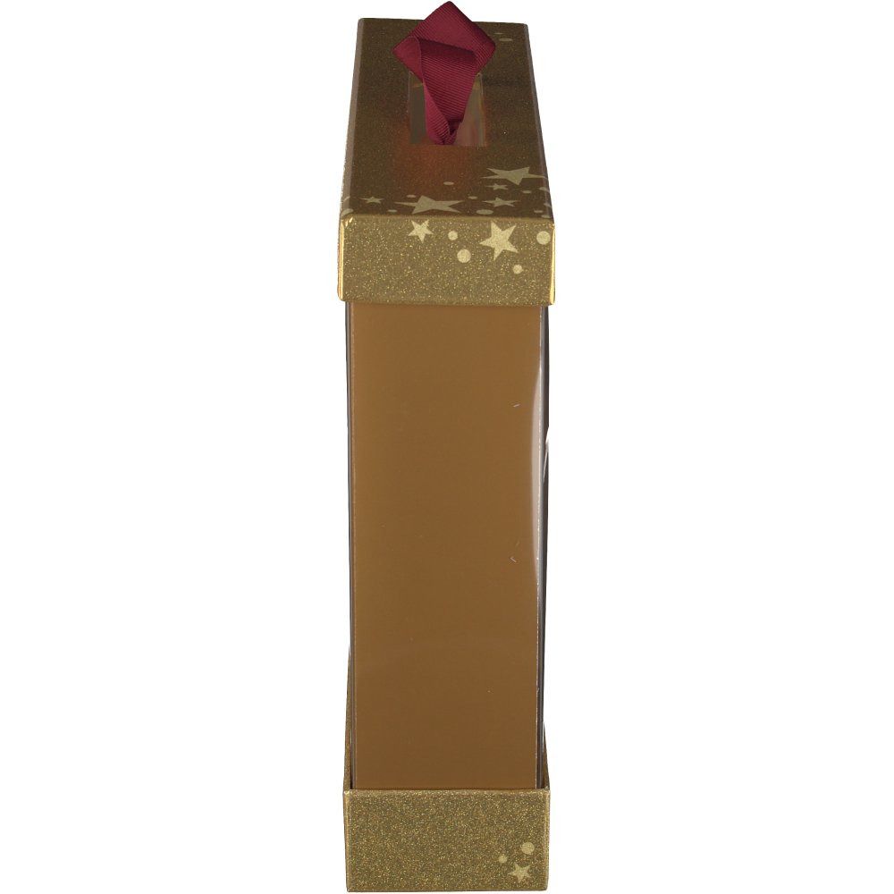 Coffret cadeau doré avec motifs étoiles, poignée rouge. Vue latérale. Face avant transparente en plastique.