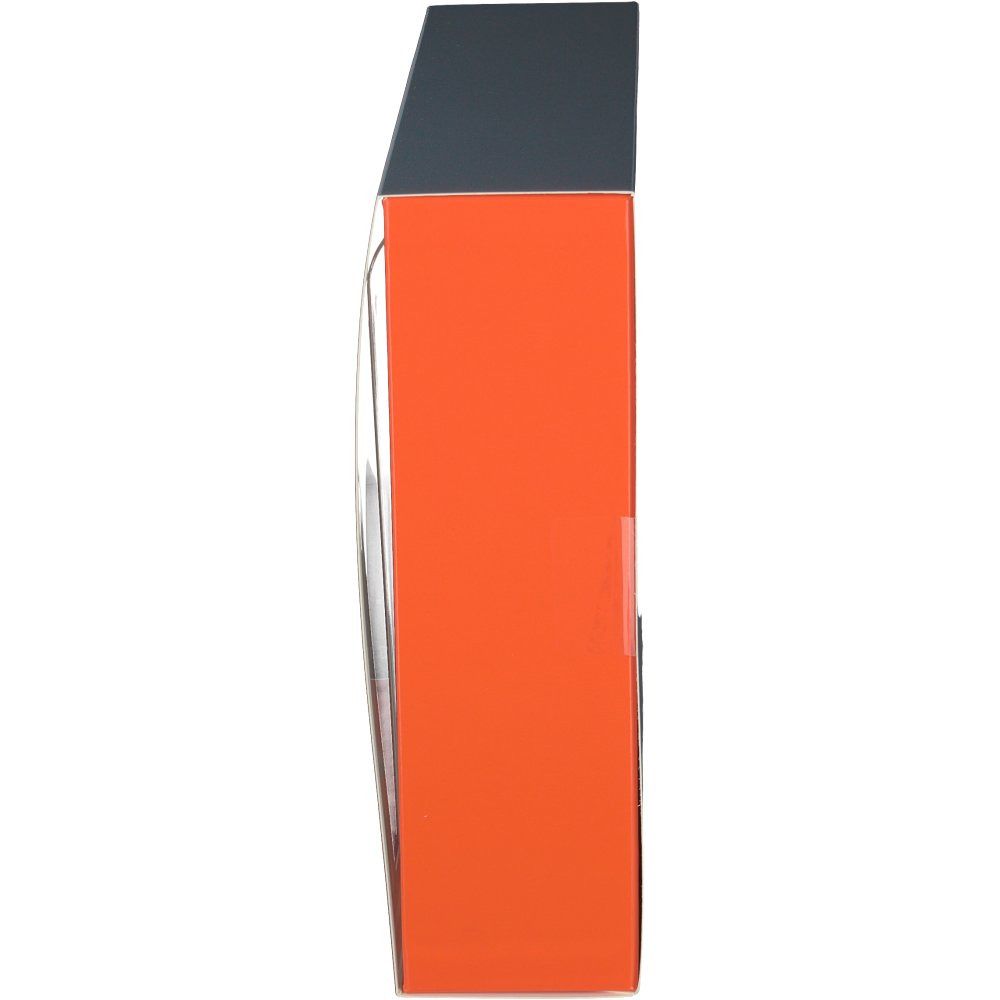 Vue latérale du coffret cadeau. Côté orange avec couvercle gris. Bordure en plastique transparent.