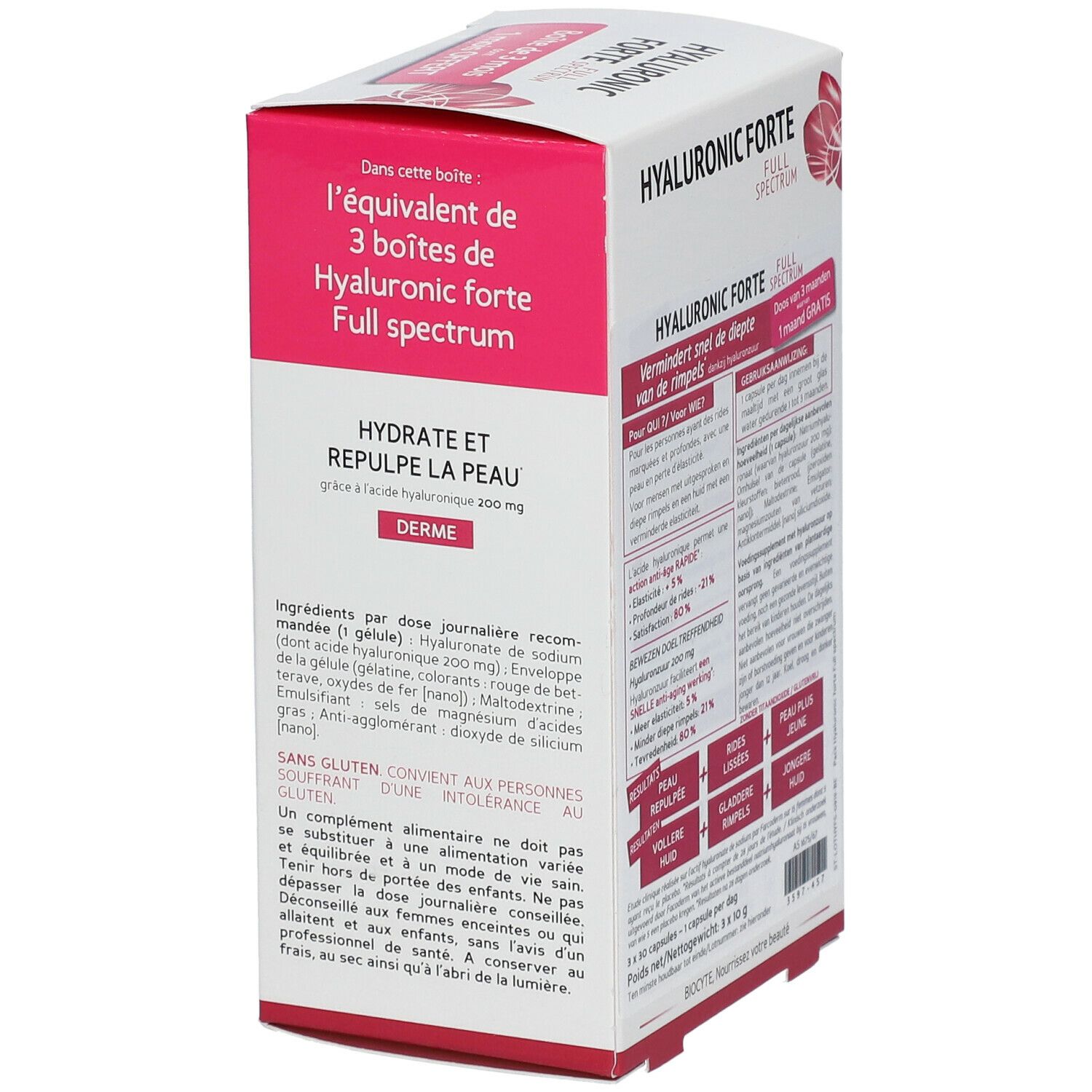 Boîte de compléments alimentaires. Boîte rose et blanche avec texte: Hyaluronic Forte, Full Spectrum. Contient 3 boîtes.