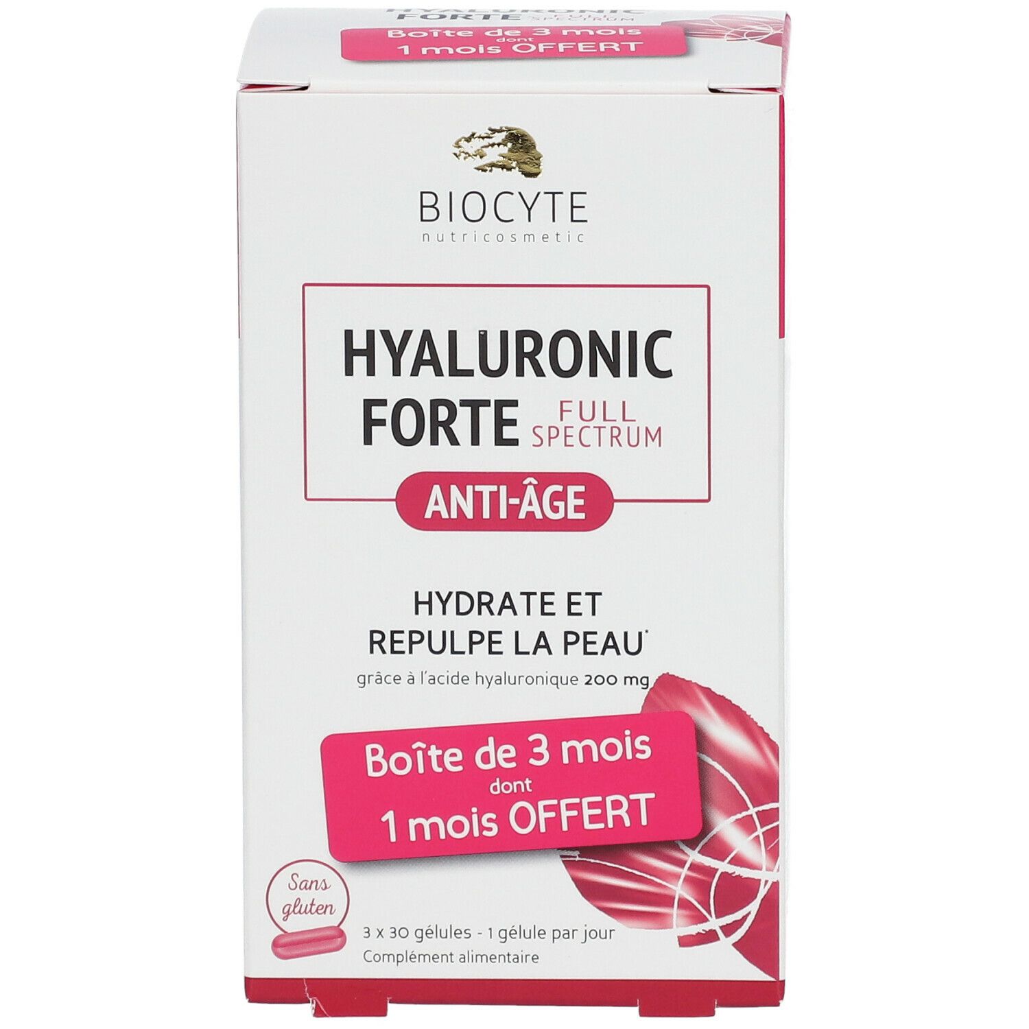 Boîte blanche avec accents roses. Inscription: Biocyte, Hyaluronic Forte, Anti-Âge. Contient 3 x 30 gélules. Mention: Sans gluten.