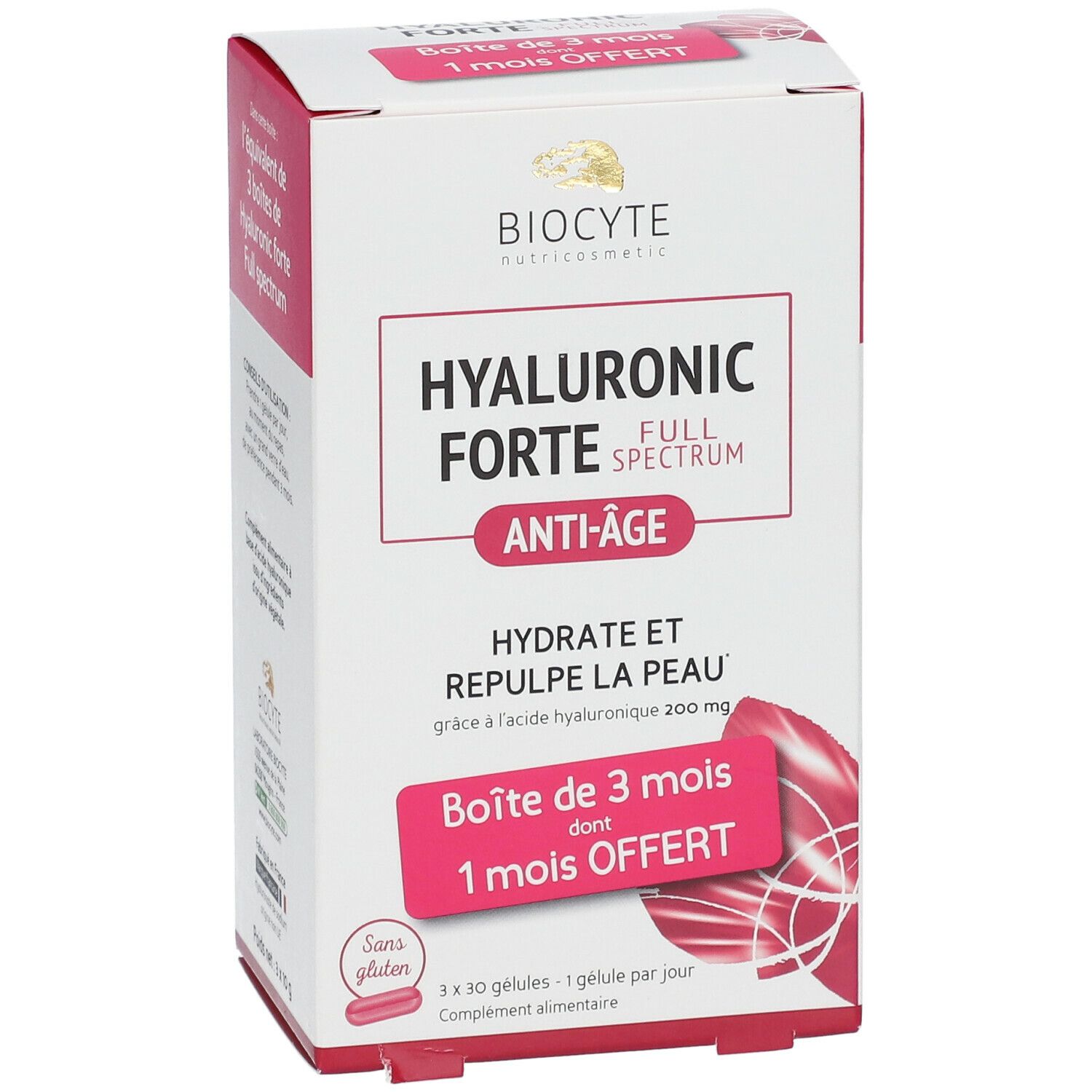 Boîte blanche avec accents roses. Inscription: Biocyte, Hyaluronic Forte, Anti-Âge. Contient 3 x 30 gélules. Mention: Sans gluten.