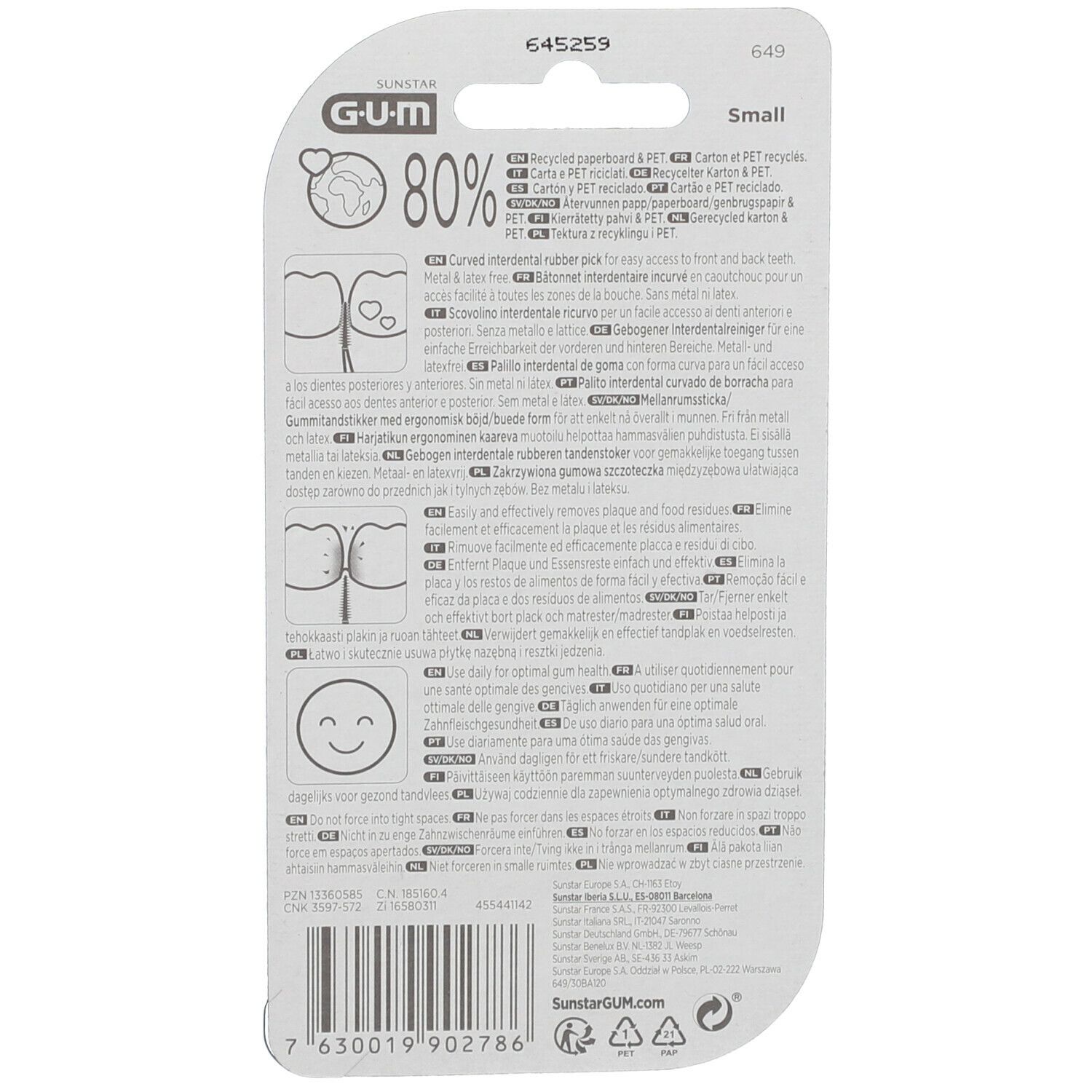 Dos d'emballage GUM Soft-Picks Advanced small. Informations produit, logo et symbole de recyclage.