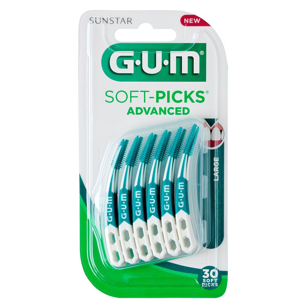 GUM Soft-Picks Advanced, Large. 6 brossettes interdentaires dans un emballage blister. Soies vertes, manche blanc. 30 pièces.