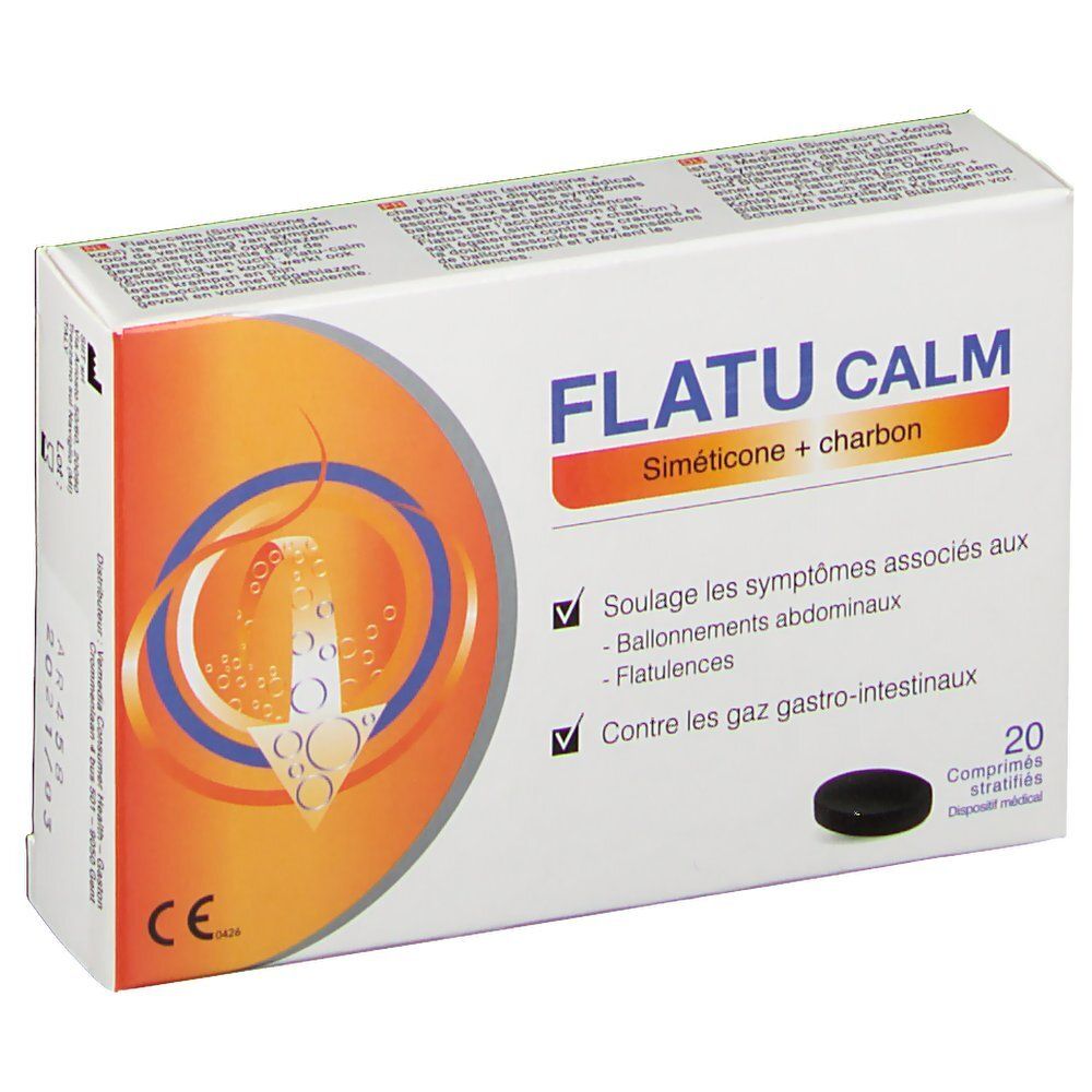 Doosje Flatu Calm tabletten. Oranje-wit design. Bevat 20 tabletten. Opschrift: Siméticone + charbon.