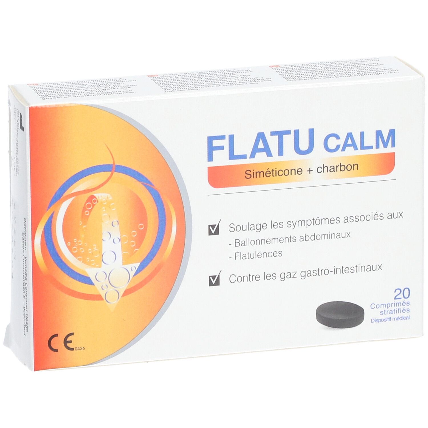 Doosje Flatu Calm tabletten. Oranje-wit design. Bevat 20 tabletten. Opschrift: Siméticone + charbon.