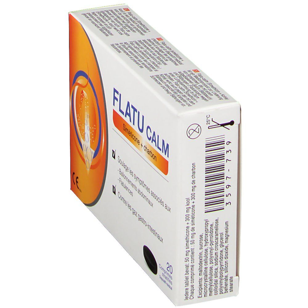 Flatu Calm doosje schuin. Wit met oranje design. Bevat 20 tabletten. Opschrift: Siméticone + charbon.