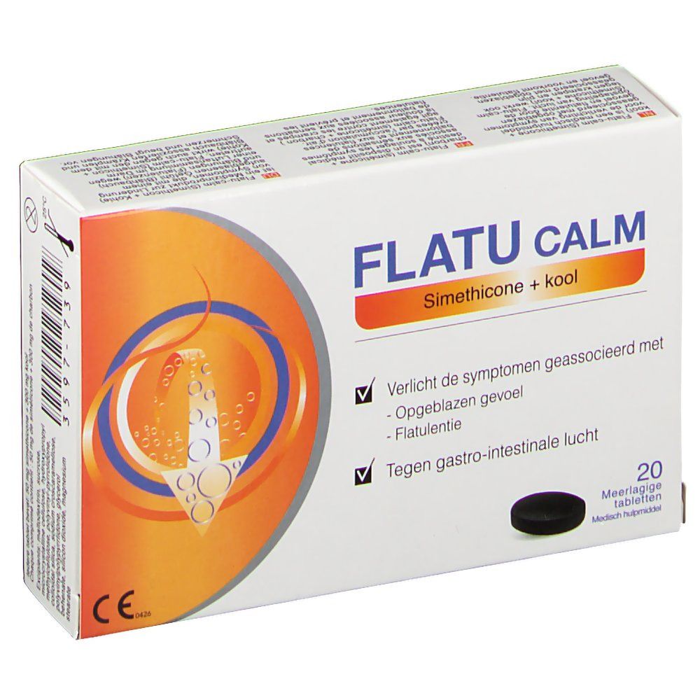 Doosje Flatu Calm tabletten. Oranje-wit design. Bevat 20 tabletten. Opschrift: Simethicone + kool.
