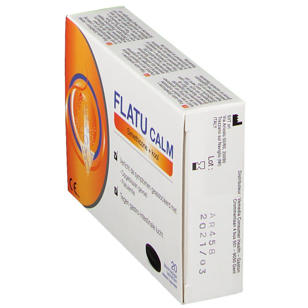 Flatu Calm doosje schuin. Wit met oranje design. Bevat 20 tabletten. Opschrift: Simethicone + kool.