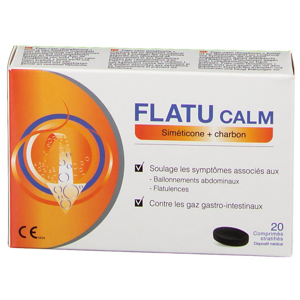 Doosje Flatu Calm tabletten. Oranje-wit design. Bevat 20 tabletten. Opschrift: Siméticone + charbon.