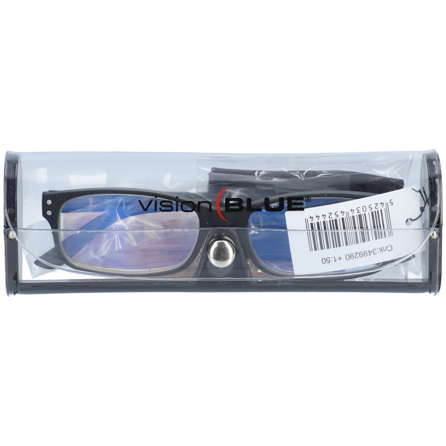 Brille in schwarzem Etui. Auf der Brille steht Vision BLUE. Auf einem Etikett steht +1.50.