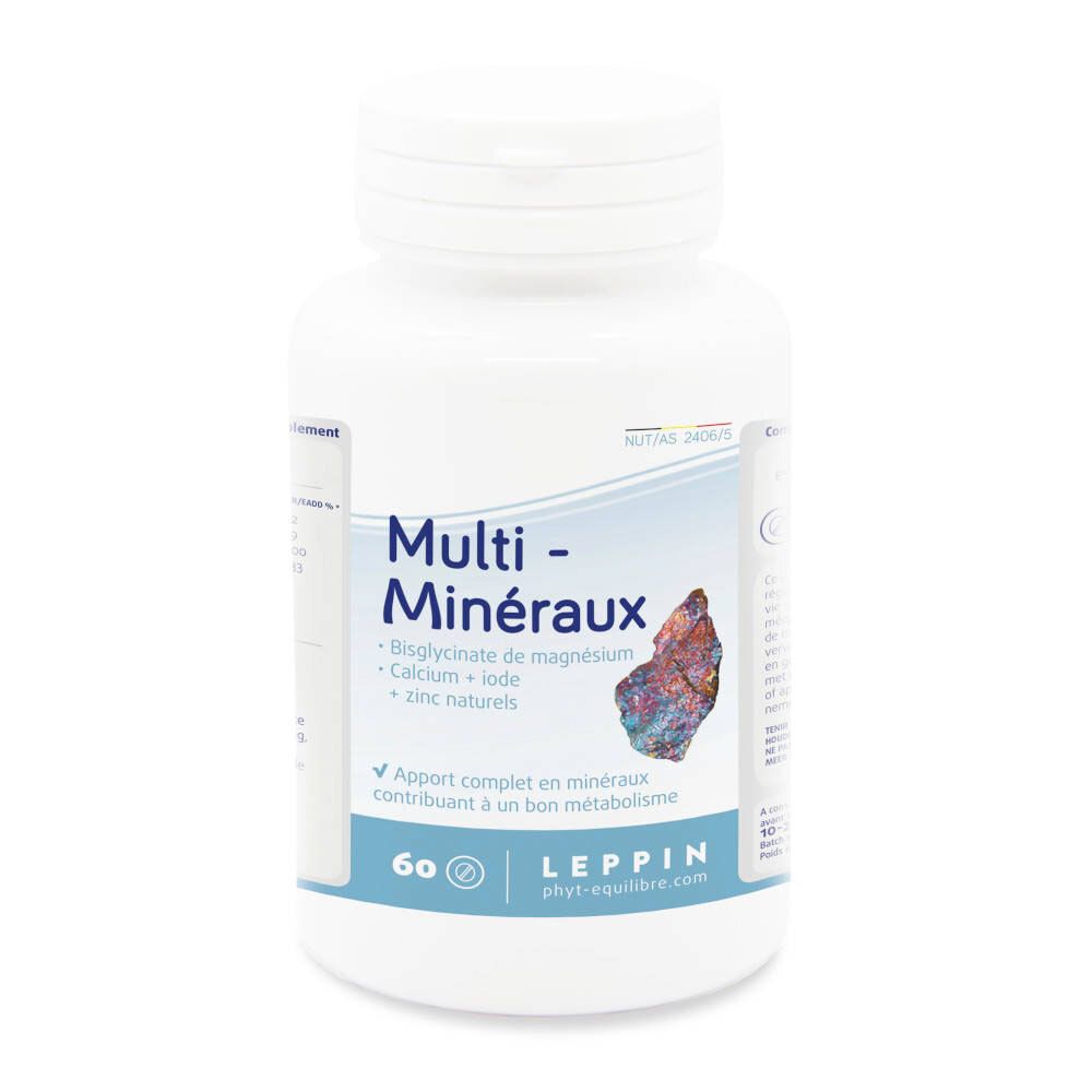 Weiße Flasche mit LEPPIN Multi-Mineralien. Aufschrift "Multi-Minéraux". Enthält Magnesium, Calcium, Jod und Zink.