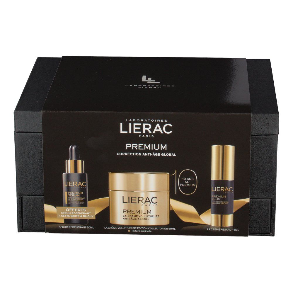 Confezione regalo nera con prodotti cosmetici. Dettagli dorati e nomi dei prodotti visibili. Lierac Premium.