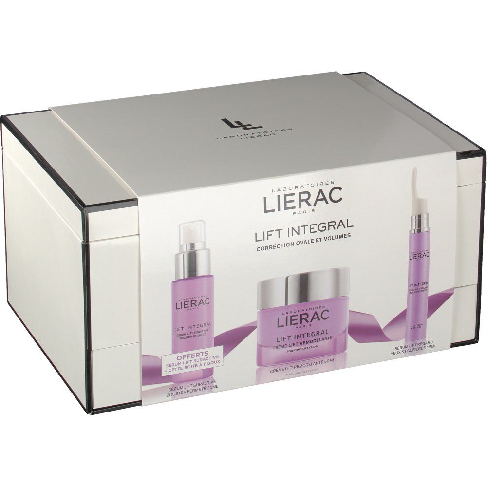 Confezione regalo Lierac Lift Integral. Flacone, crema e siero. Scatola argentata con logo e testo. Vista frontale.
