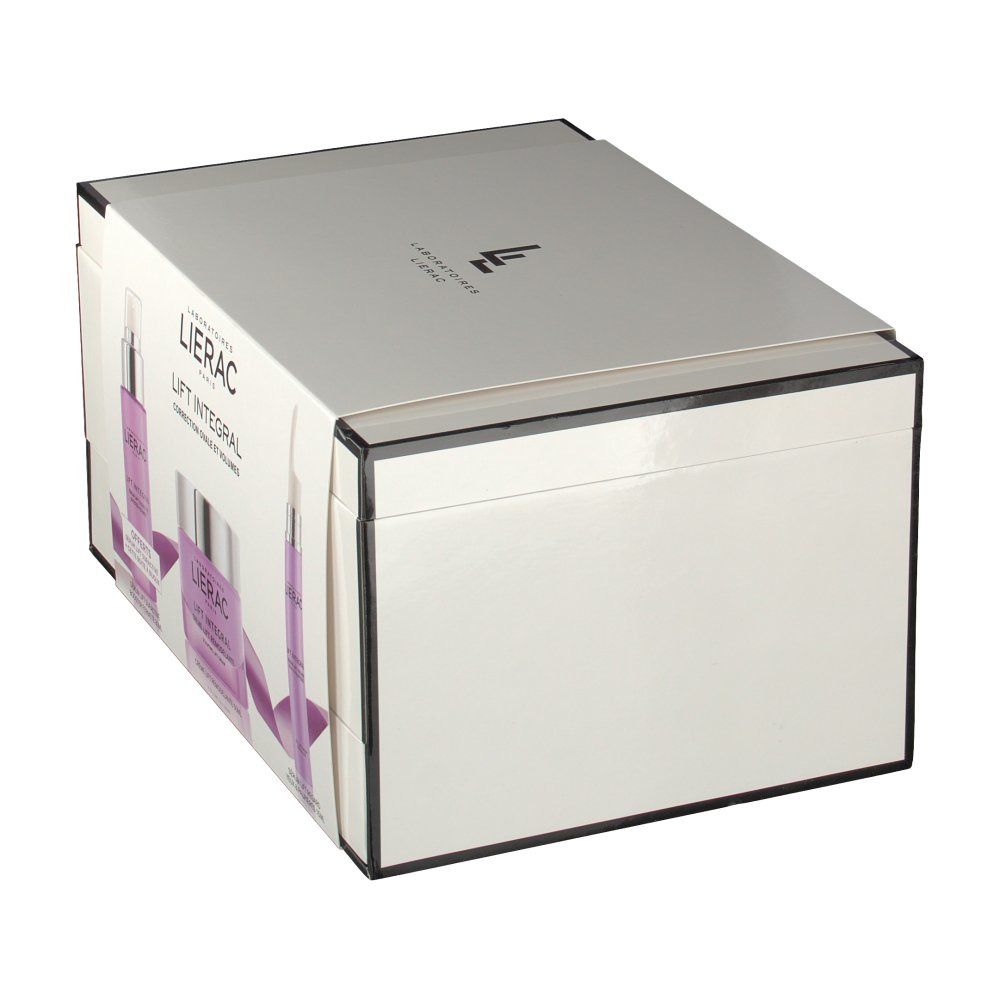 Confezione regalo argentata Lierac Lift Integral. Forma rettangolare. Bordi neri. Coperchio con logo. Vista laterale.