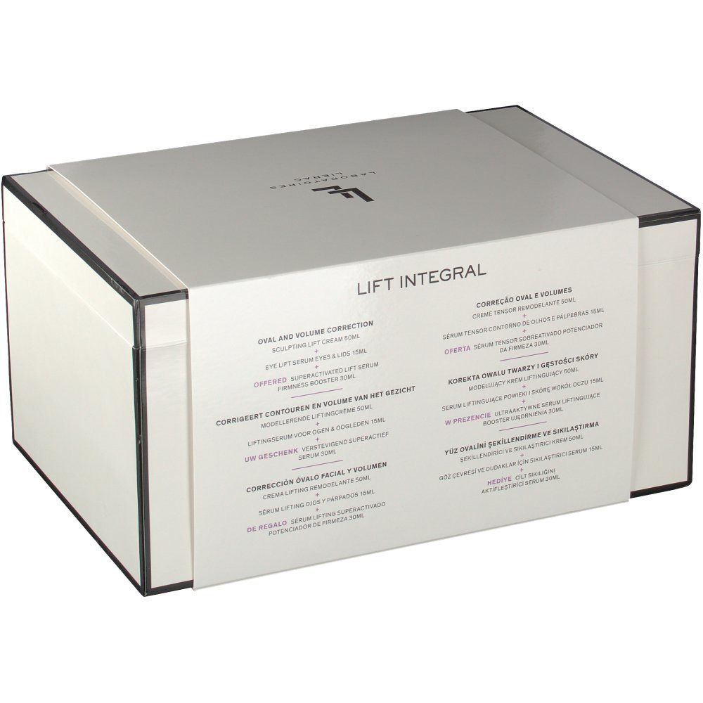 Confezione regalo Lierac Lift Integral. Scatola argentata con testo. Forma rettangolare. Bordi neri. Coperchio con logo.