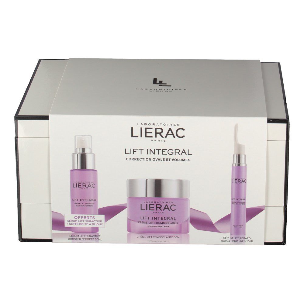 Confezione regalo Lierac Lift Integral. Flacone, crema e siero. Scatola argentata con logo e testo. Vista frontale.