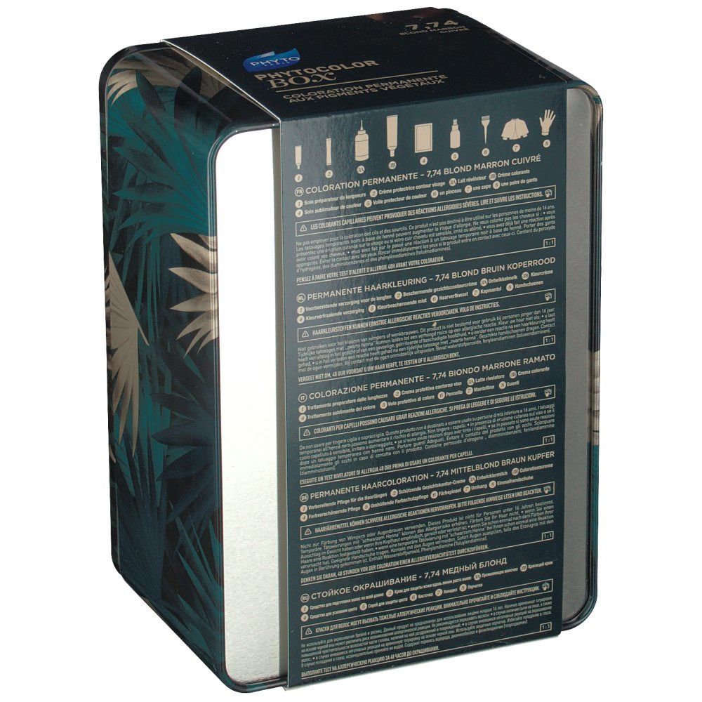 Boîte Phyto Phytocolor. Arrière de la boîte avec texte. Liste des ingrédients et instructions. Motif floral.