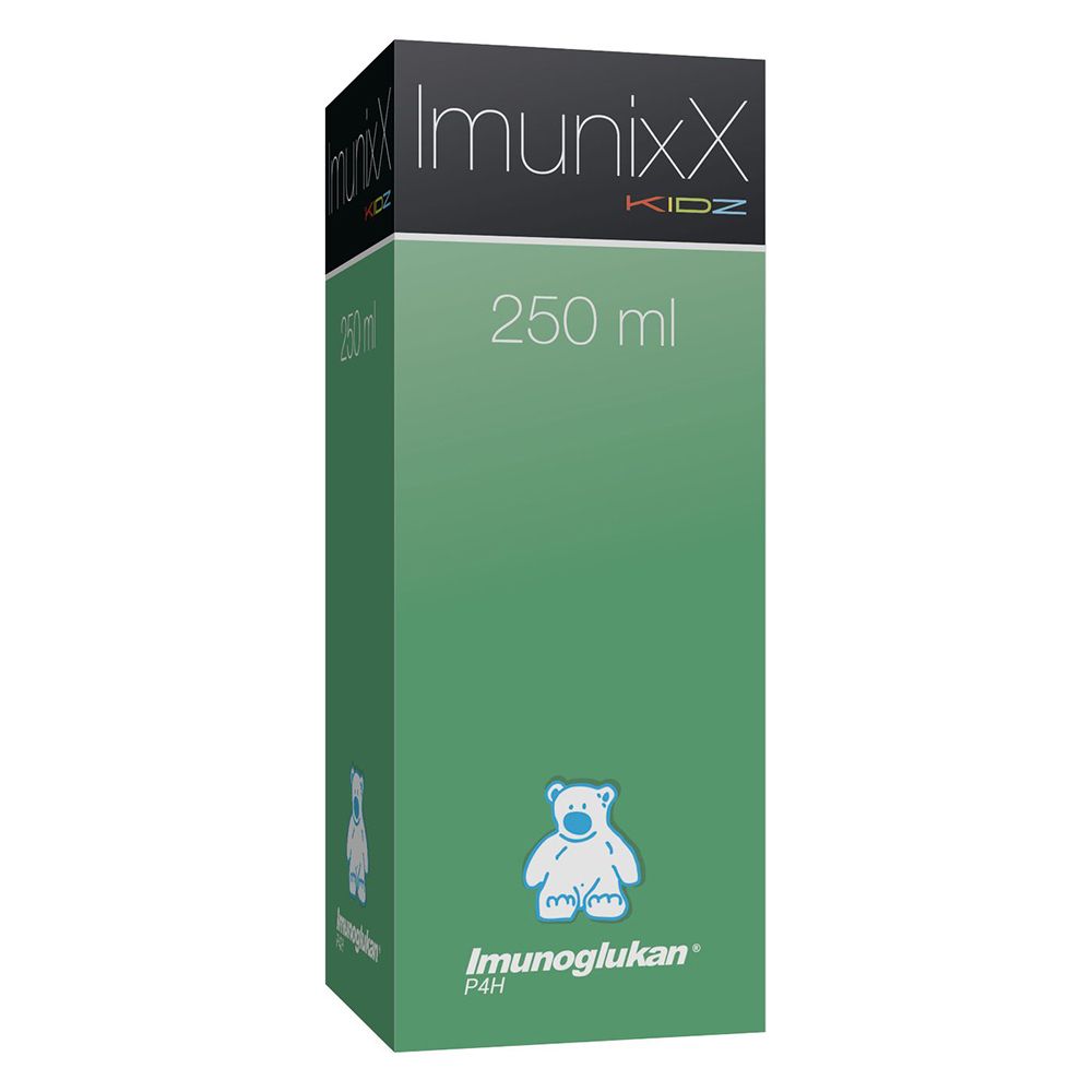 Productverpakking met ImunixX KIDZ, 250 ml en Imunoglukan. Beer-illustratie.