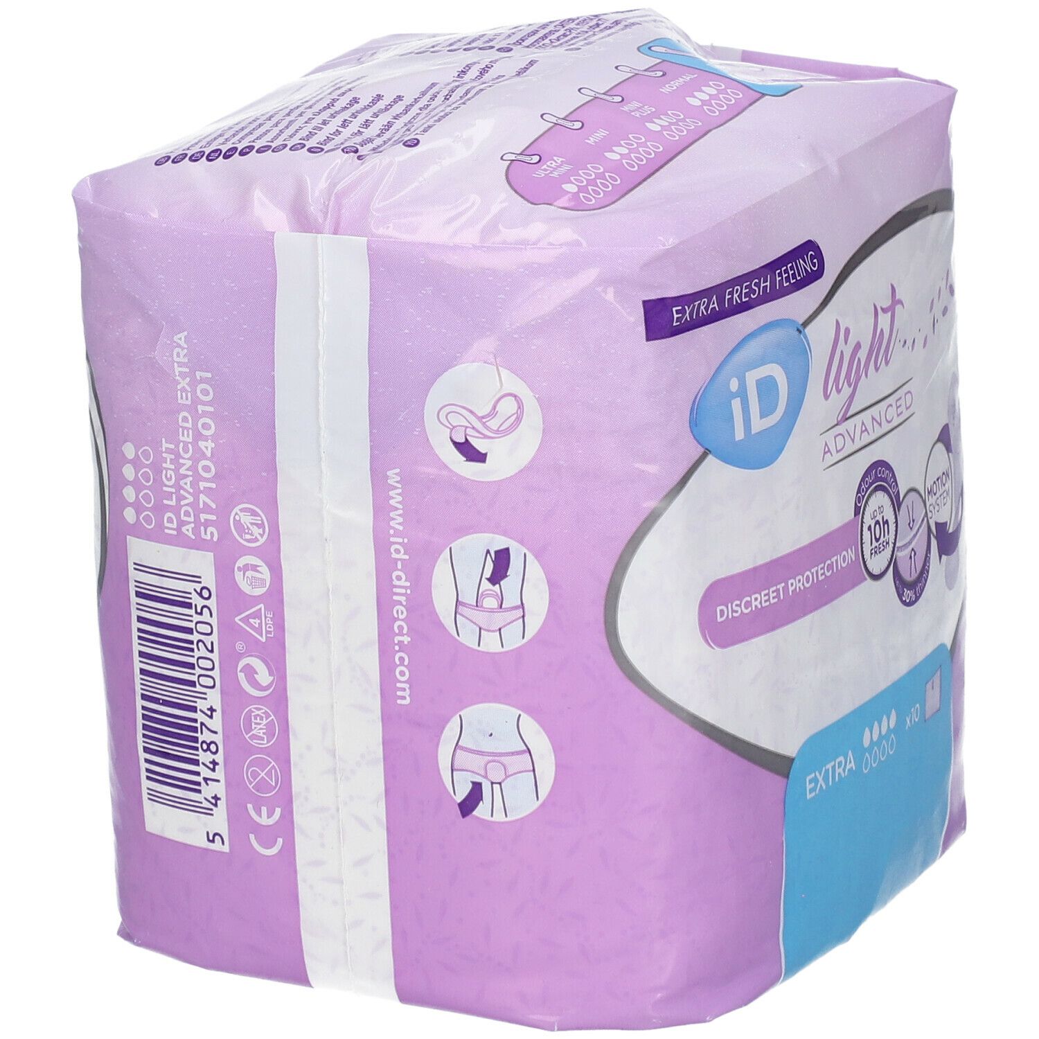 Dos de l'emballage iD Light Extra Advanced. Emballage violet avec illustrations et texte. Nom du produit visible.