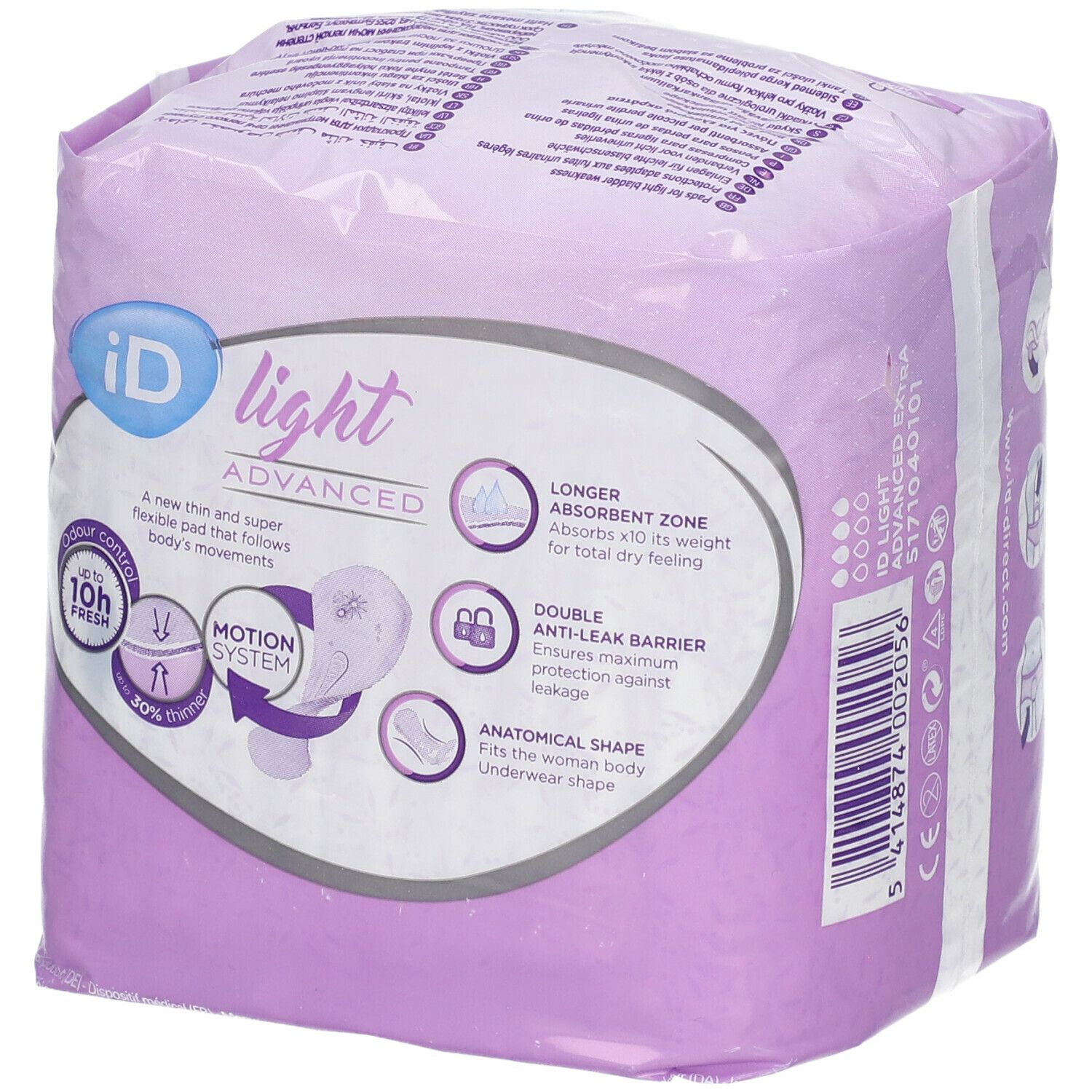 Emballage iD Light Advanced. Emballage violet avec informations et logos. Forme anatomique.