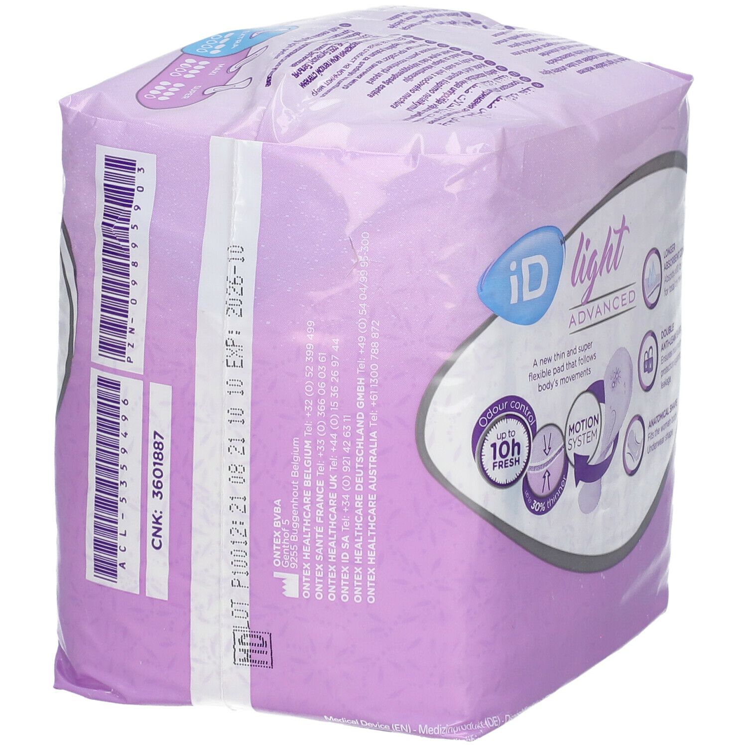 Dos de l'emballage iD Light Advanced. Emballage violet avec texte et code-barres. Date de péremption.