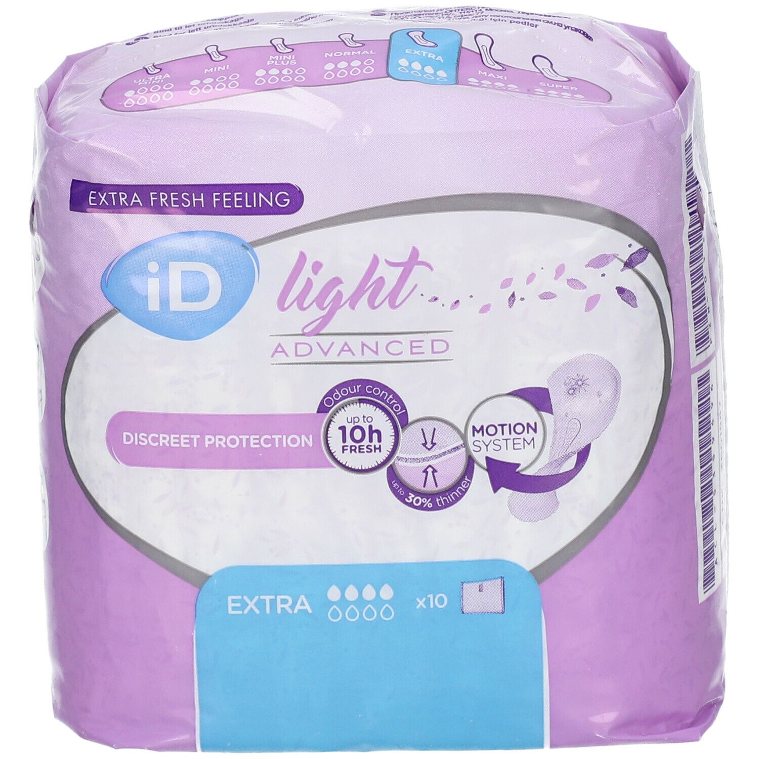 Emballage iD Light Advanced. Emballage violet avec informations et logos. Absorption extra.