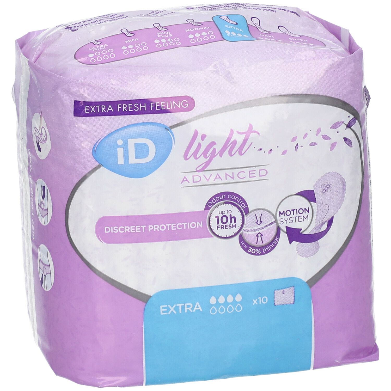 Emballage iD Light Advanced. Emballage violet avec informations et logos. Absorption extra.