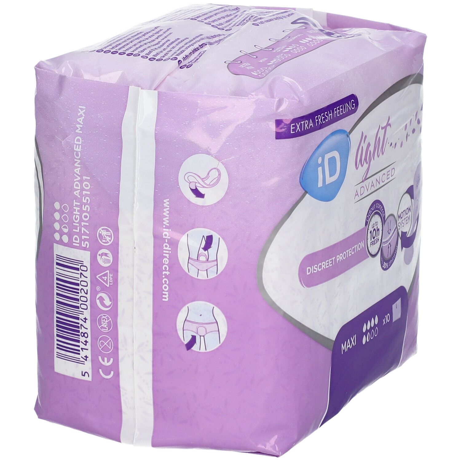 Paquet de iD Light Maxi Advanced. Emballage violet avec informations. Vue latérale.