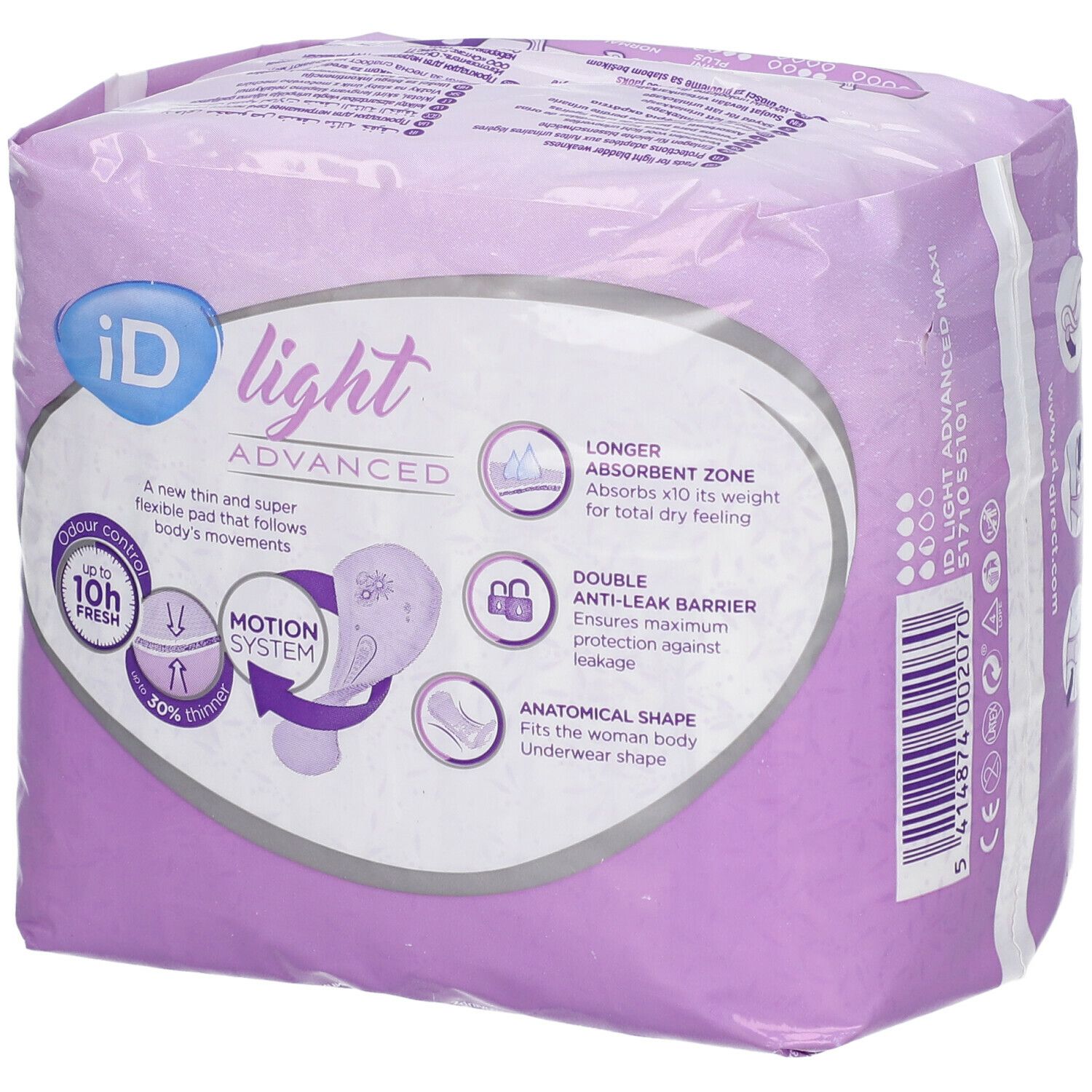 Paquet iD Light Advanced. Emballage violet avec informations et logos. Vue de face.
