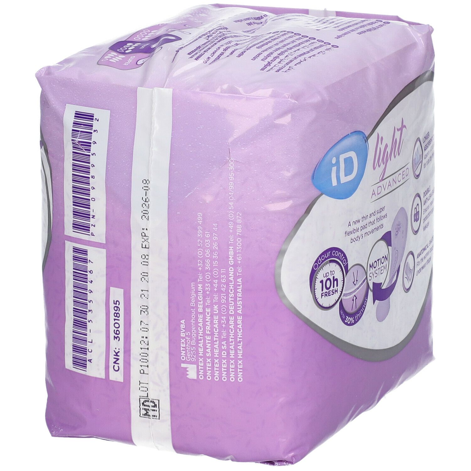 Paquet iD Light Advanced. Emballage violet avec informations. Vue latérale.