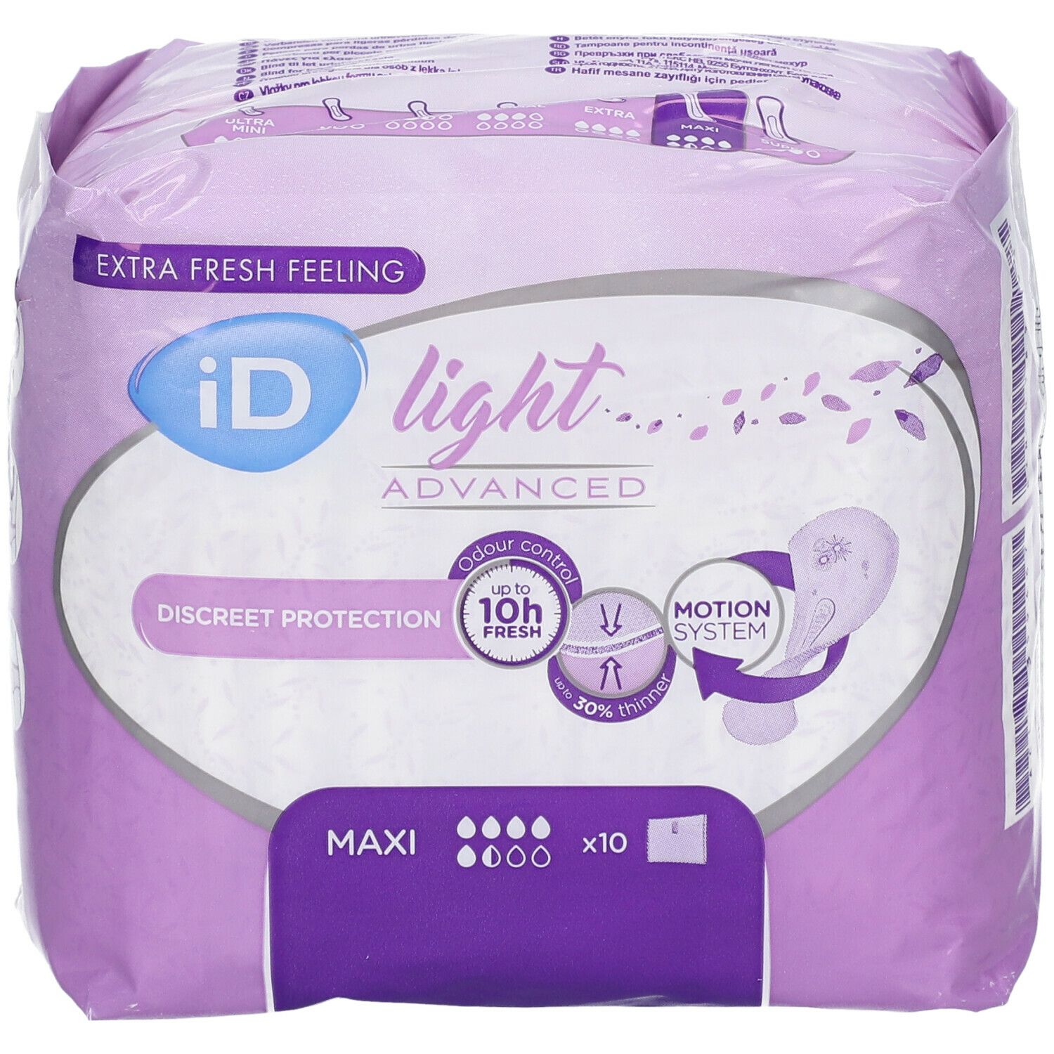Paquet de iD Light Maxi Advanced. Emballage violet avec informations et logos. Vue de face.