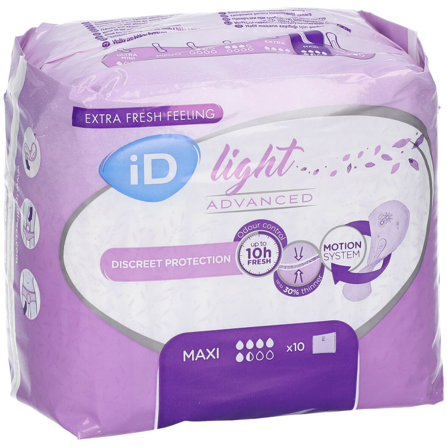 Paquet de iD Light Maxi Advanced. Emballage violet avec informations et logos. Vue de face.