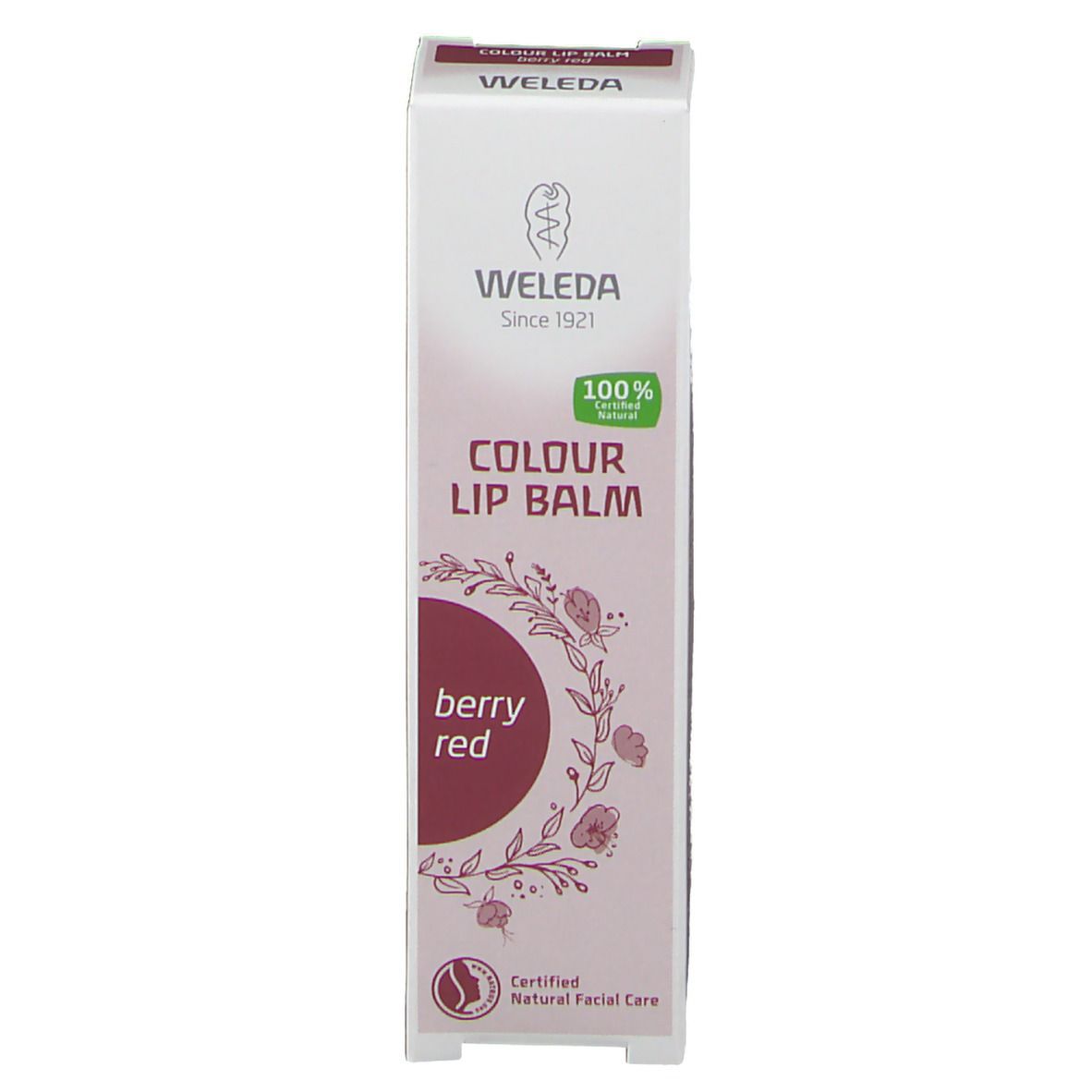Verpakking van Weleda Colour Lip Balm berry red. Opschrift: Colour Lip Balm, berry red, 100% Natural.
