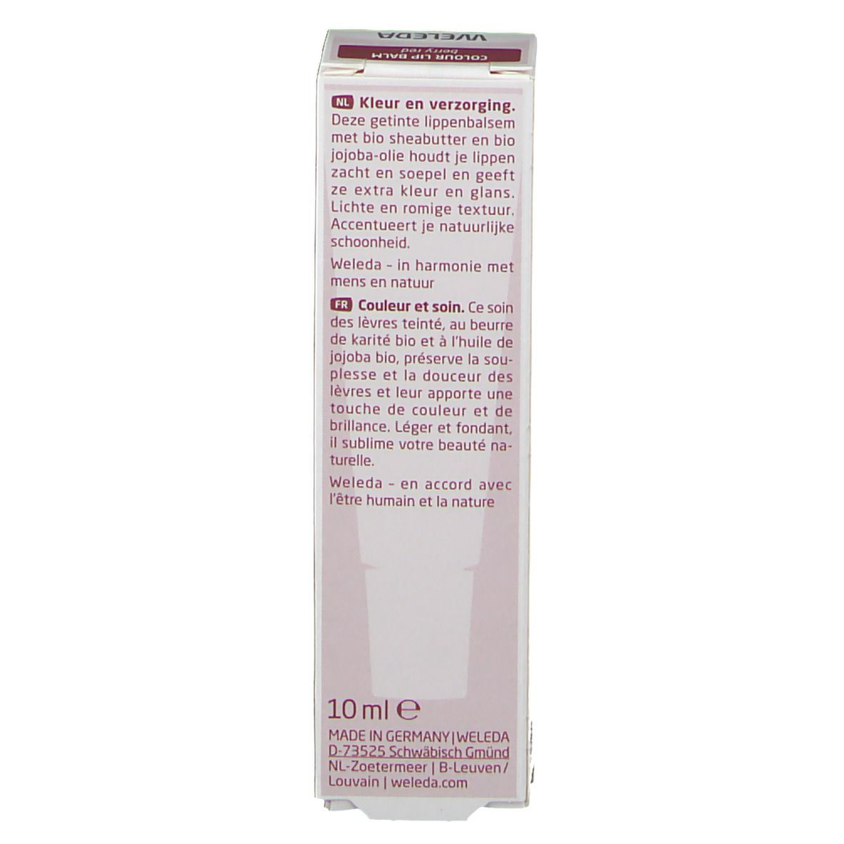 Verpakking van Weleda Colour Lip Balm berry red. Tekst over ingrediënten en verzorging.