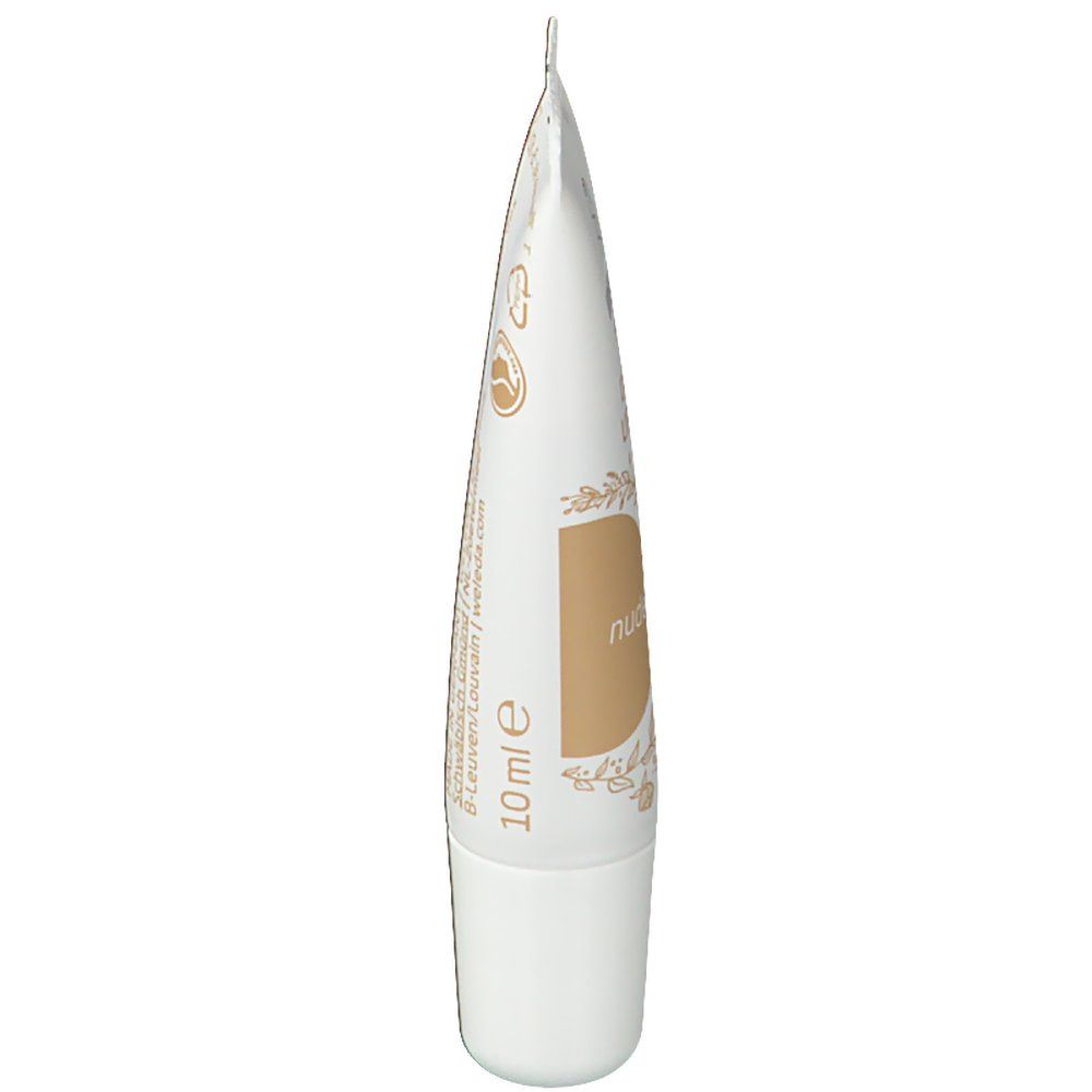 Baume à lèvres Weleda Nude. Tube blanc avec accents bruns. Texte: Nude, 10 ml.
