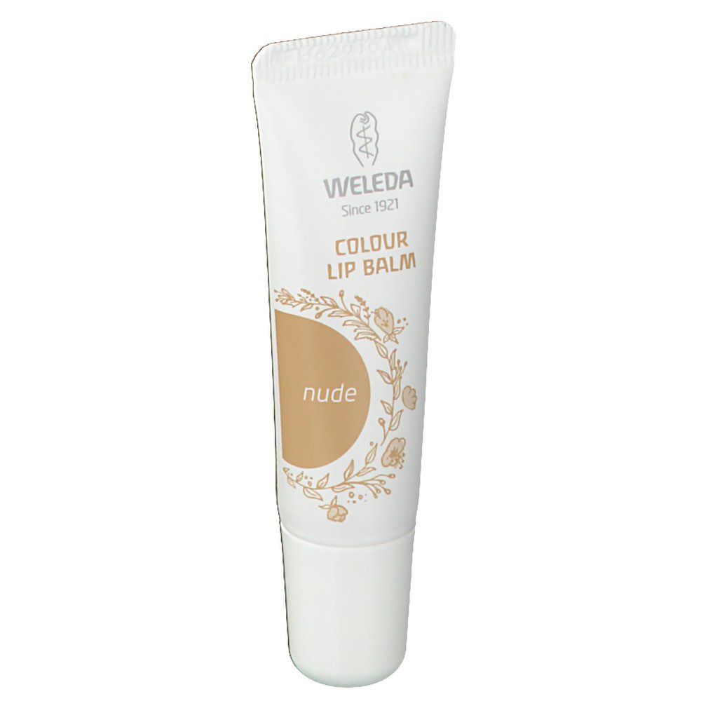 Baume à lèvres couleur Weleda Nude. Tube blanc avec logo et éléments floraux. Texte: Colour Lip Balm, Nude.
