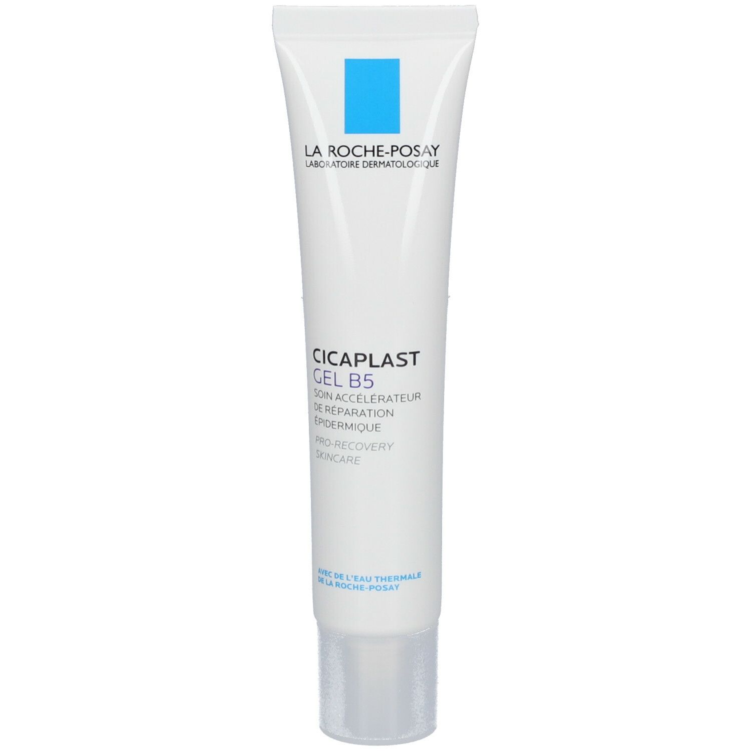 Tube LA ROCHE-POSAY CICAPLAST Gel B5. Wit, blauw vierkant. Tekst: CICAPLAST Gel B5, soin accélérateur de réparation.