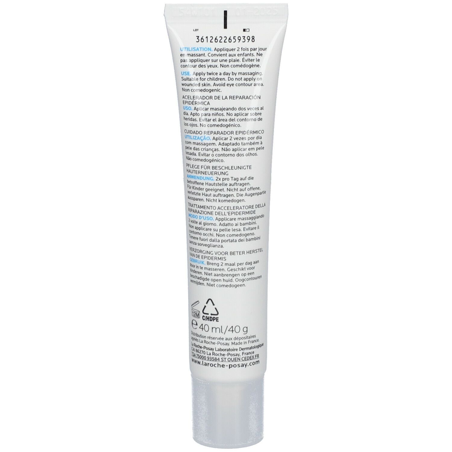 Achterkant van de tube LA ROCHE-POSAY CICAPLAST Gel B5. Tekst en informatie over gebruik en ingrediënten.