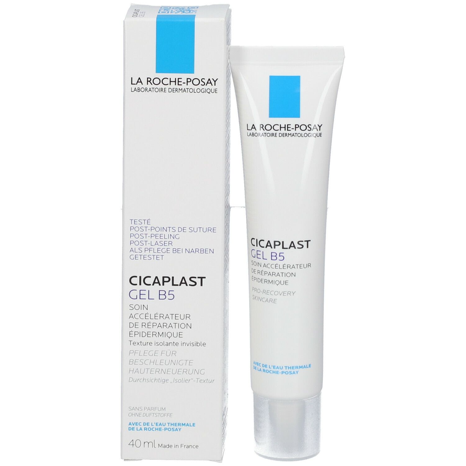 Tube en verpakking LA ROCHE-POSAY CICAPLAST Gel B5. Wit, blauw vierkant. Tekst: CICAPLAST Gel B5, soin accélérateur.