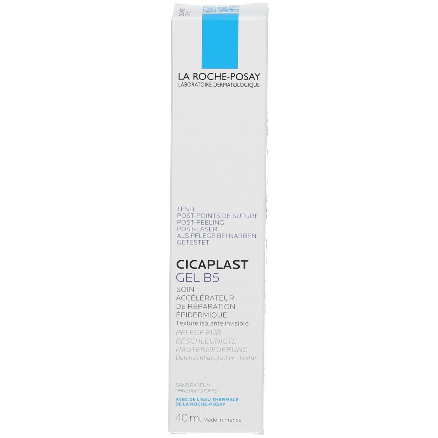 Verpakking LA ROCHE-POSAY CICAPLAST Gel B5. Wit, blauw vierkant. Tekst: CICAPLAST Gel B5, soin accélérateur de réparation.