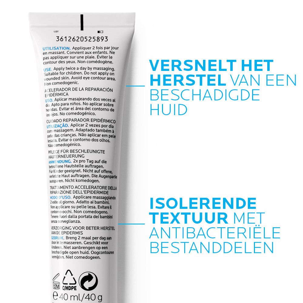 Achterkant van de tube LA ROCHE-POSAY CICAPLAST Gel B5. Tekst over gebruik en ingrediënten.
