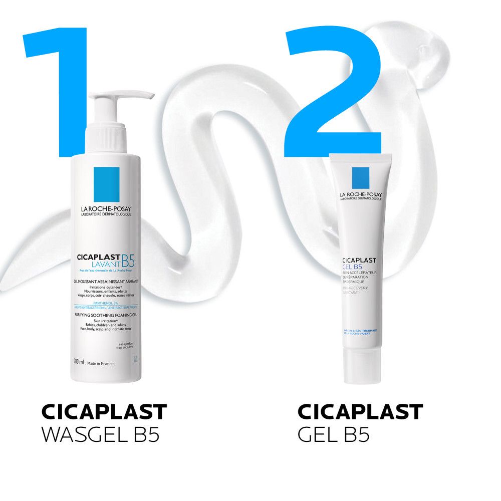 Vergelijking van LA ROCHE-POSAY CICAPLAST Wasgel B5 en Gel B5. Beide producten afgebeeld.