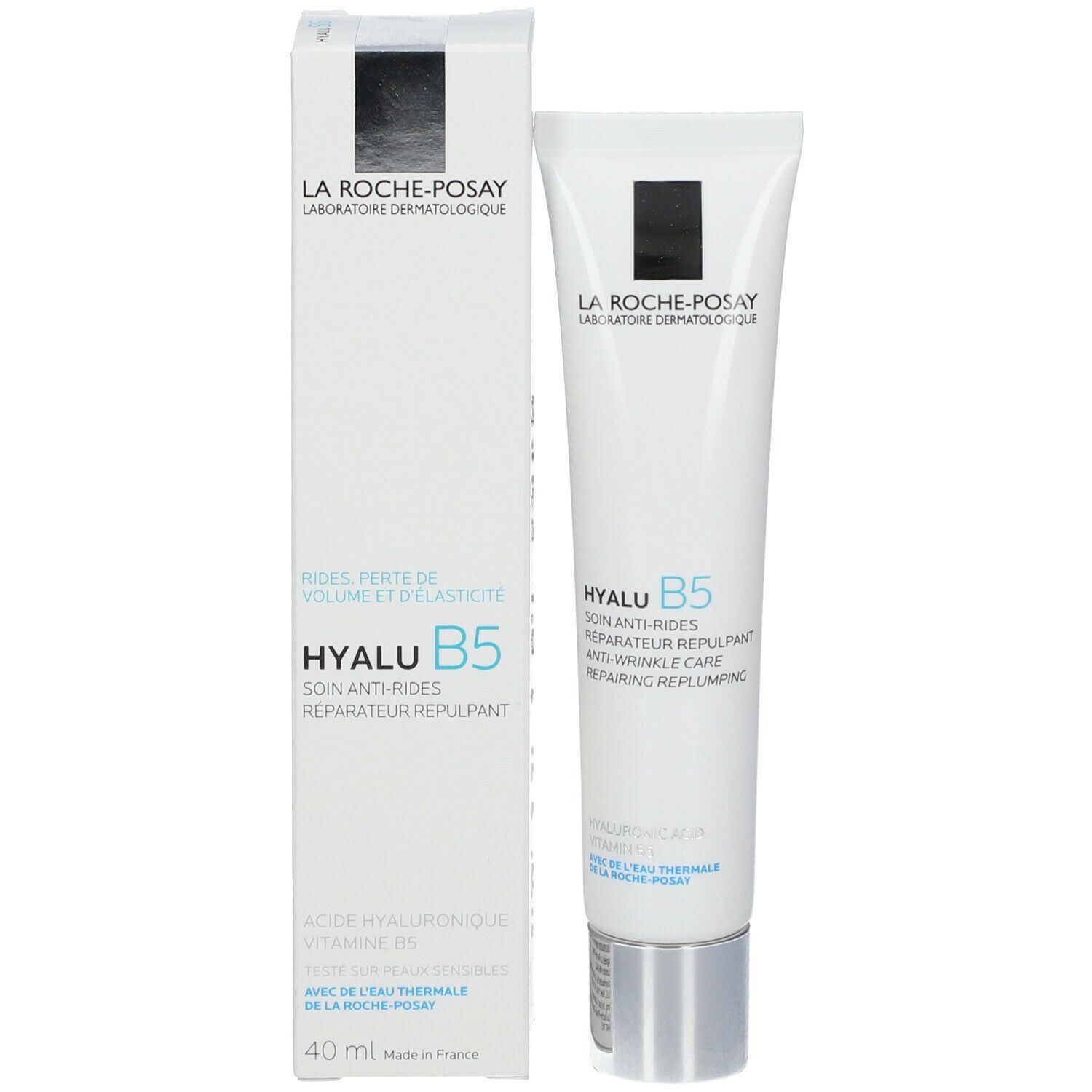 Produkt und Verpackung. Weiße Tube und Schachtel mit Logo und Produktnamen HYALU B5.