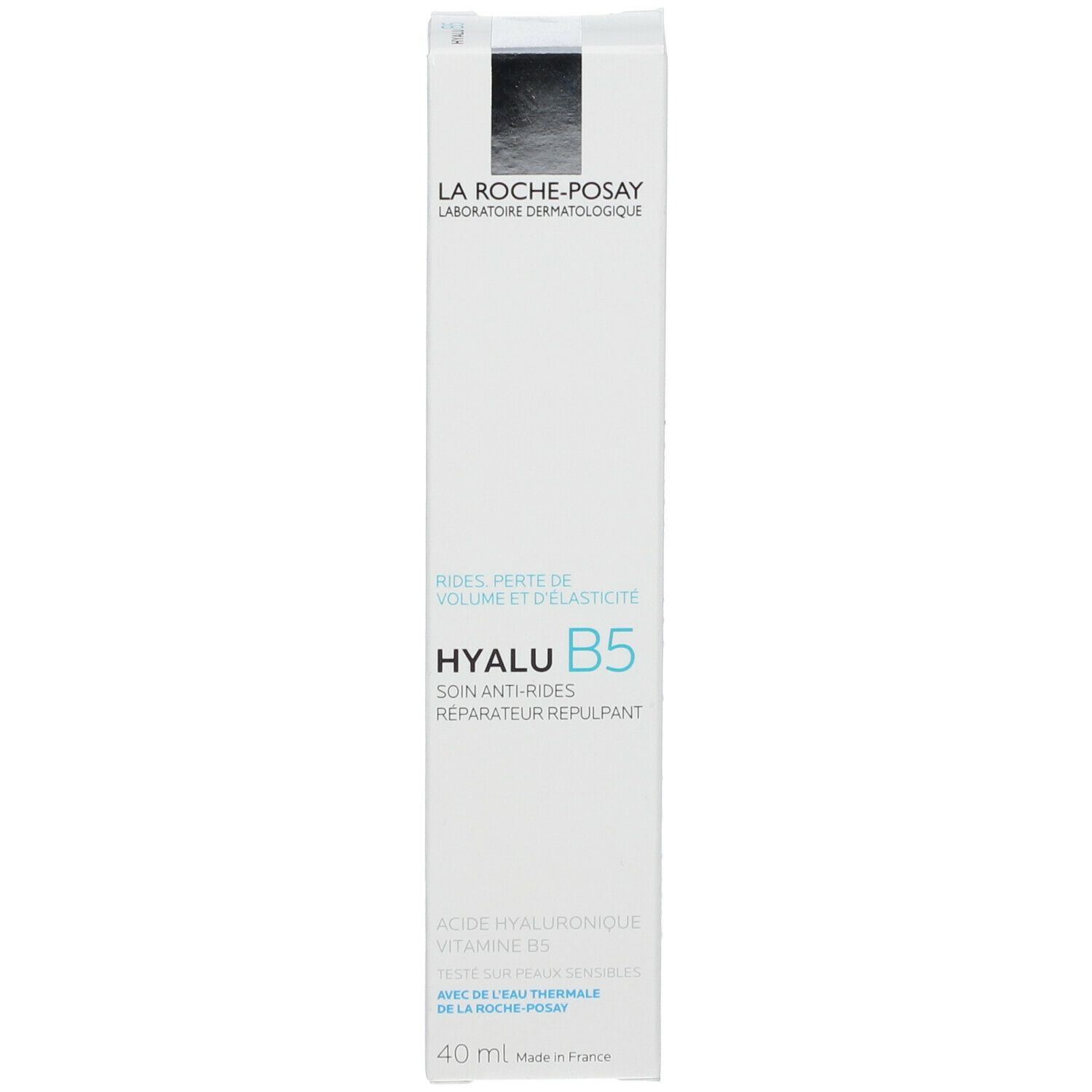 Weiße Schachtel mit Produktnamen HYALU B5. Marke La Roche-Posay. Text: Anti-Falten-Pflege.