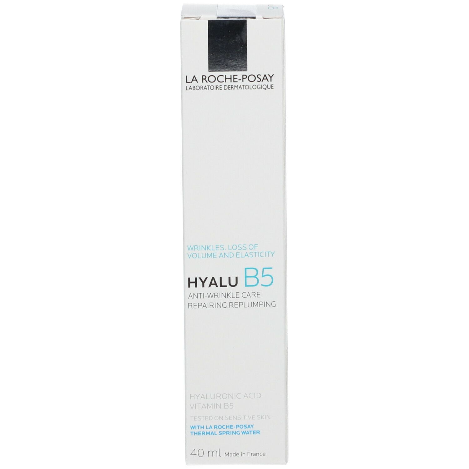Vorderseite der Schachtel mit Produktnamen HYALU B5. Marke La Roche-Posay. Text: Anti-Falten-Pflege.
