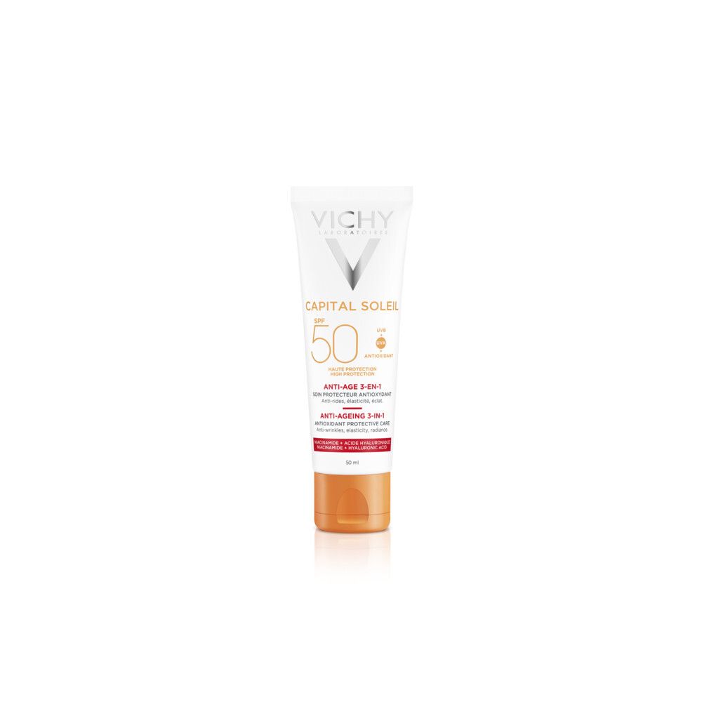 Tube blanc VICHY CAPITAL SOLEIL SPF 50. Accents orange. Texte: Anti-Âge 3-en-1.