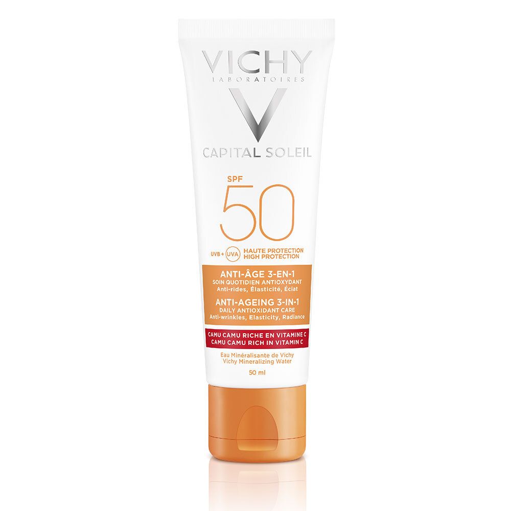 Weiße Tube mit VICHY CAPITAL SOLEIL SPF 50. Orangefarbene Akzente. Text: Anti-Age 3-in-1.