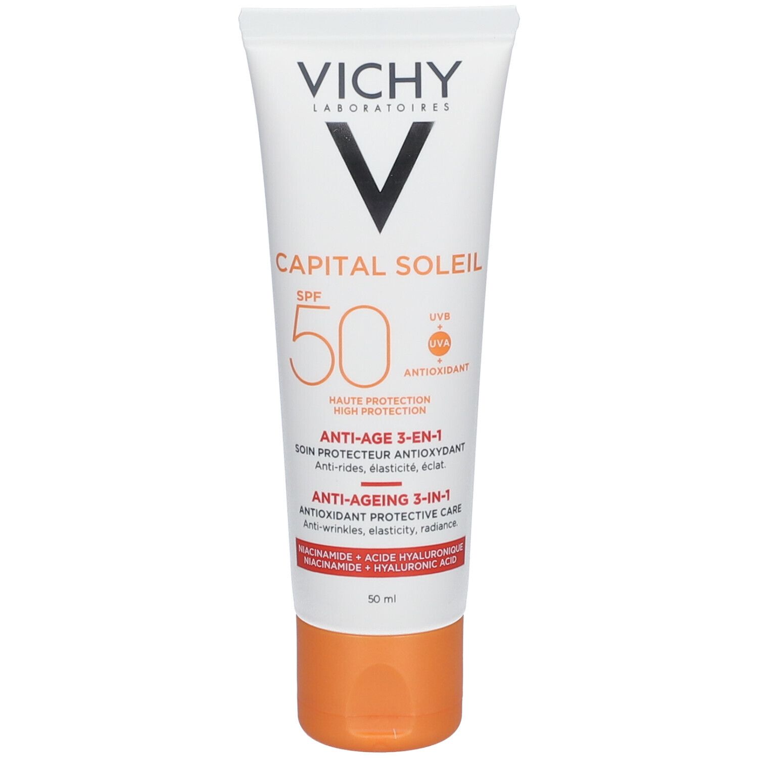 Weiße Tube mit VICHY CAPITAL SOLEIL SPF 50. Orangefarbene Akzente. Text: Anti-Age 3-in-1.